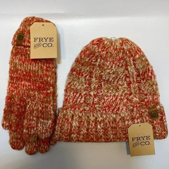 Frye & Co NWT Scarlet Space Dye Beanie & Matching Gloves w/Cuff Coral Tan Cream - Picture 2 of 12